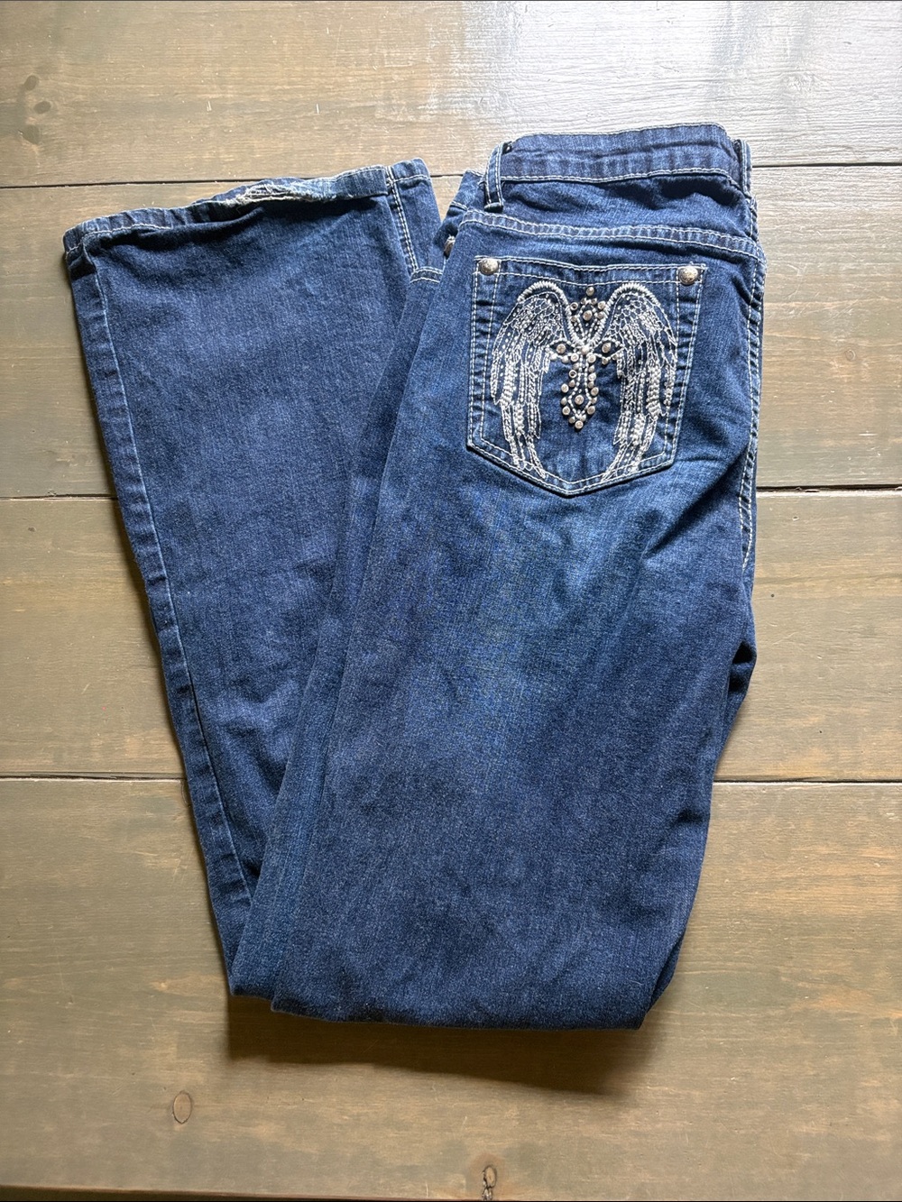 y2k Tru Luxe Jeans Dark Blue Denim with Embellished Wing Pockets